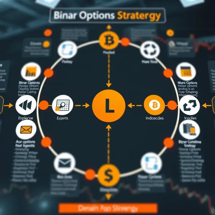 Illustration of binary options strategy components with icons and flow