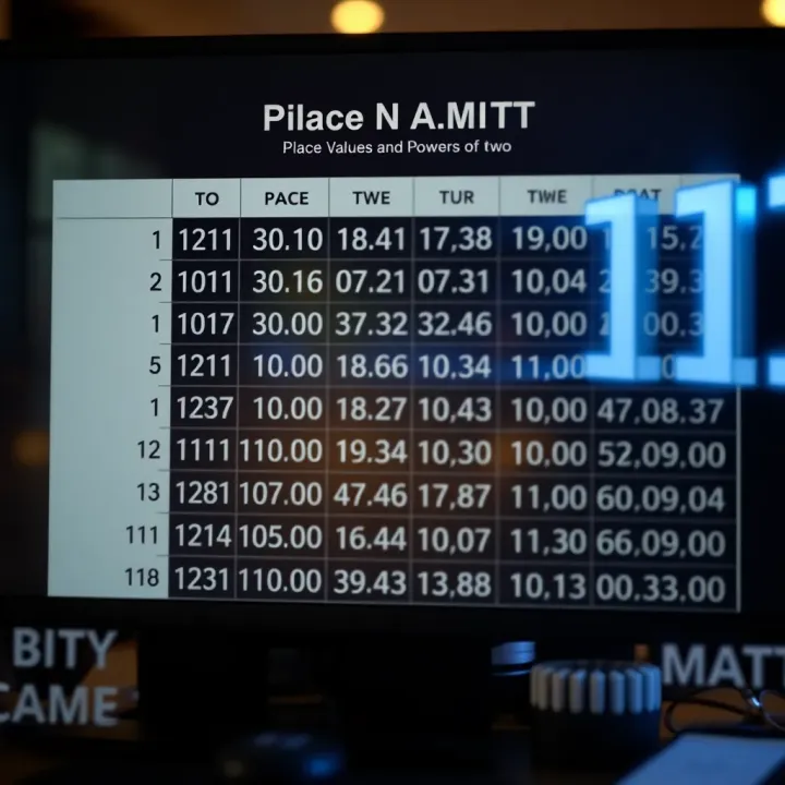 Binary number system chart showing place values and their corresponding powers of two