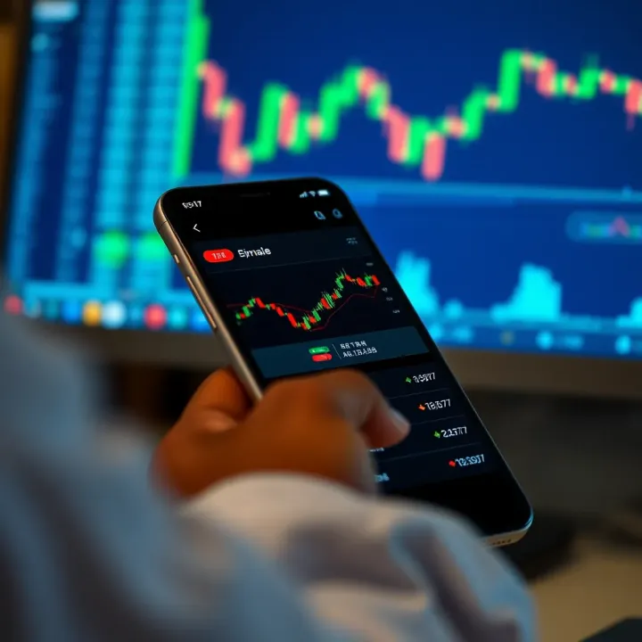 Mobile device screen displaying interface of a binary trading application with charts and trading options