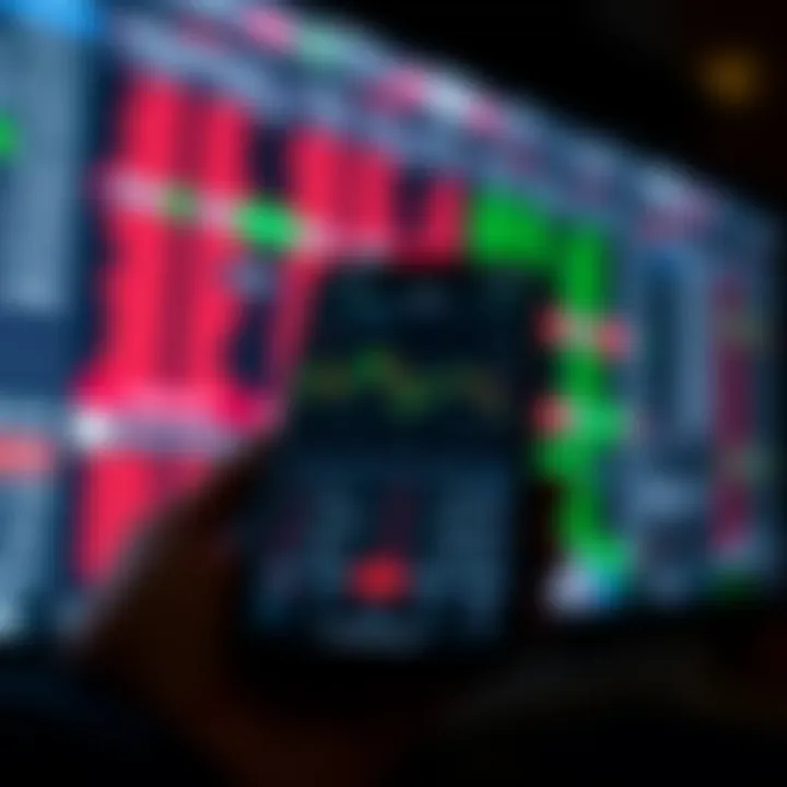 Mobile phone screen displaying a forex trading app interface with currency charts and trade options