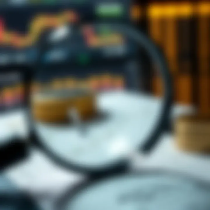 A magnifying glass focusing on regulatory documents and financial compliance papers