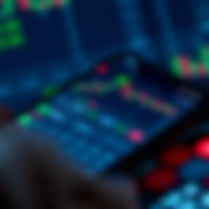 Mobile phone displaying a forex trading application interface with charts and currency pairs