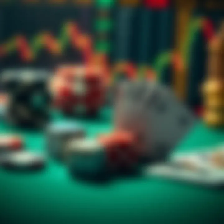 Visual comparison between gambling elements like dice and cards and trading elements such as charts and financial data