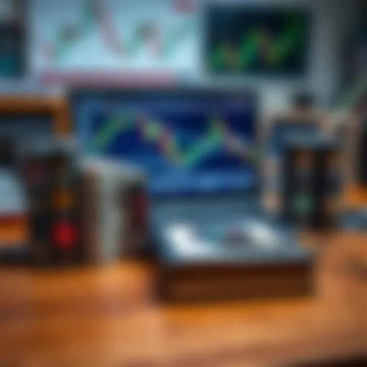 Collection of essential forex trading books arranged on a wooden desk with a laptop and financial charts