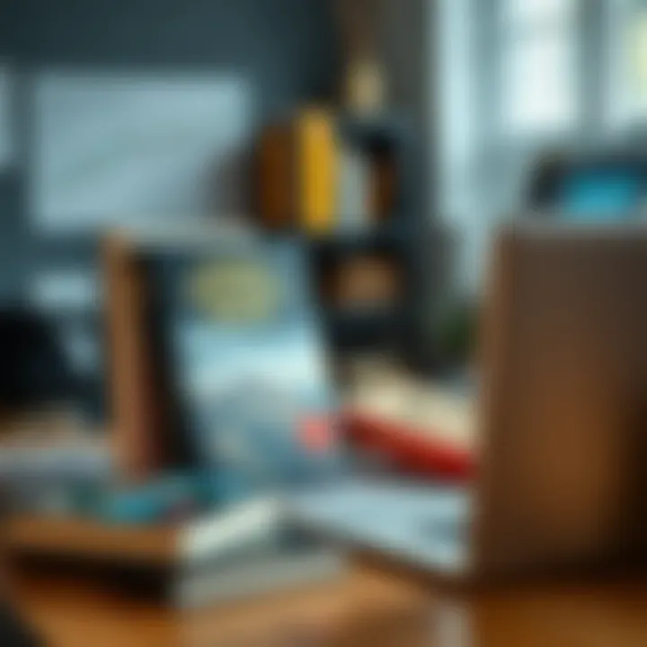 Desk with financial books on trading psychology and risk management alongside a laptop