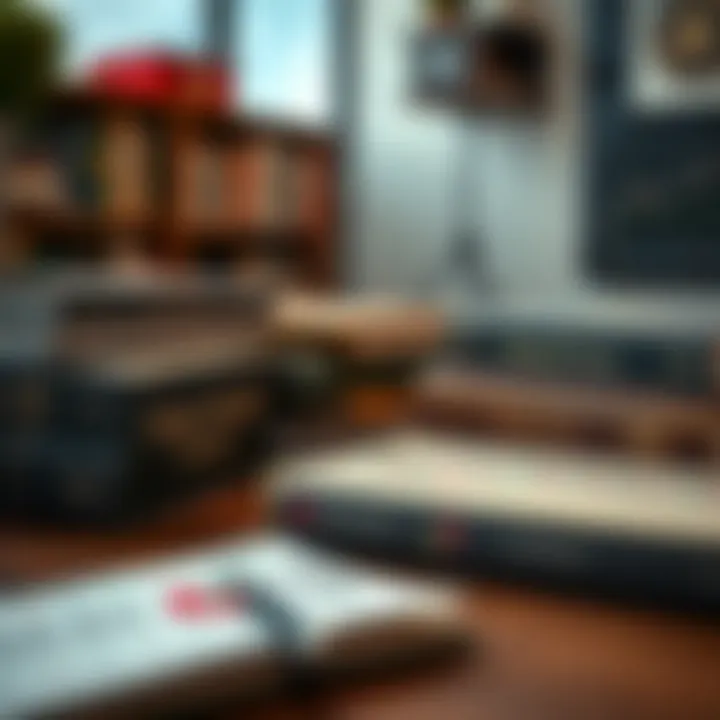 Collection of forex trading books with charts and currency symbols on a wooden table