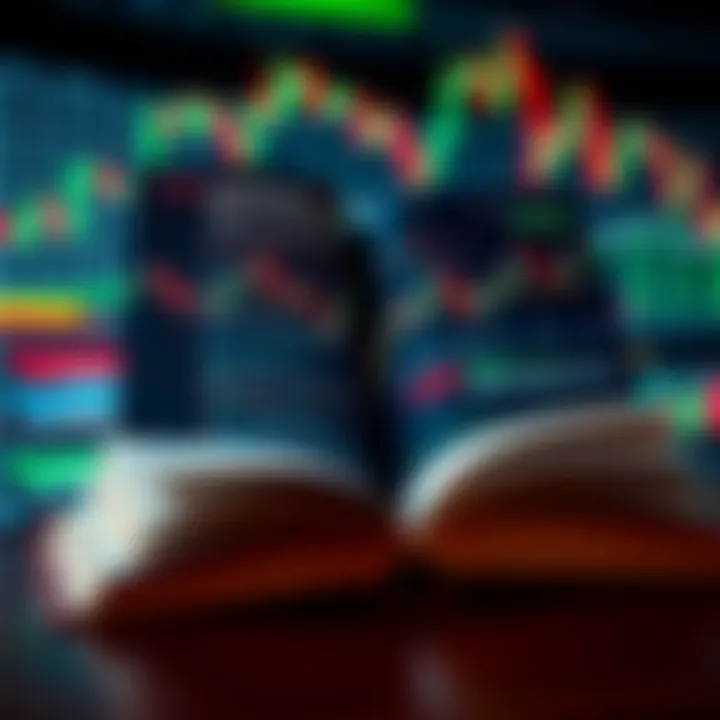 Open book with forex market graphs and currency symbols overlayed on a digital background