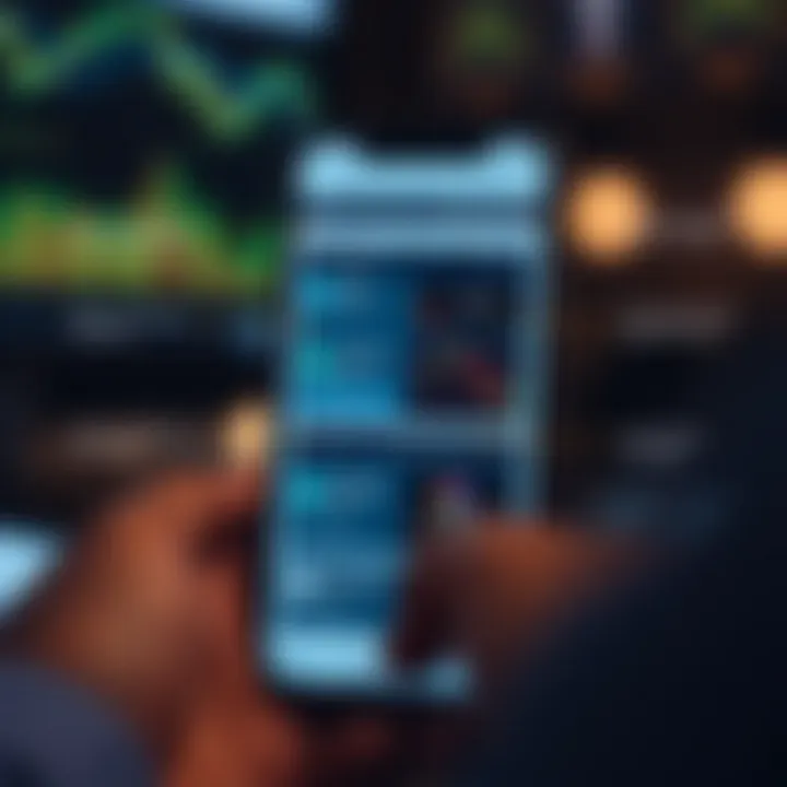 Smartphone displaying various forex trading app features on the screen