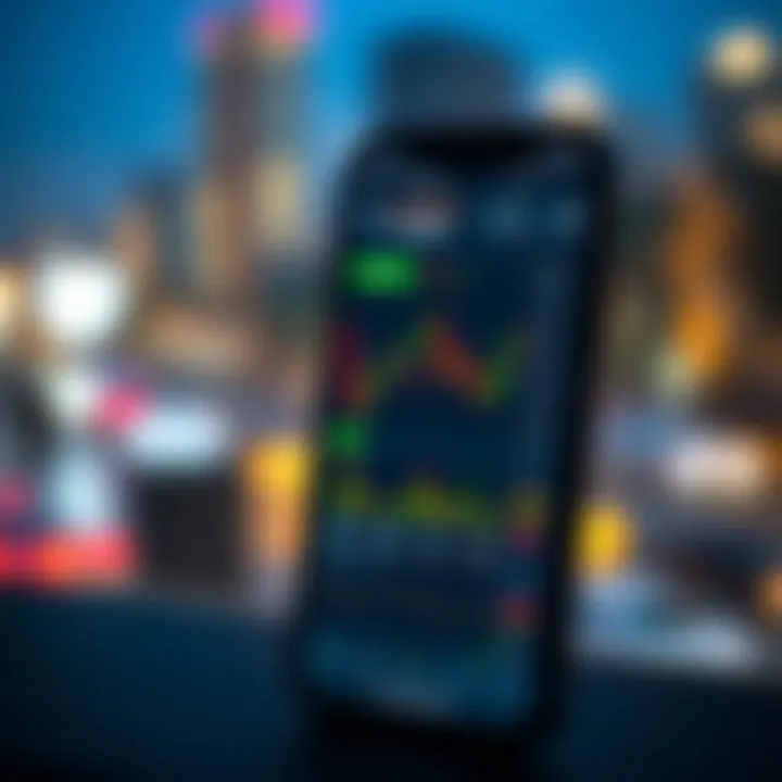 Mobile phone displaying forex trading app interface with charts and data