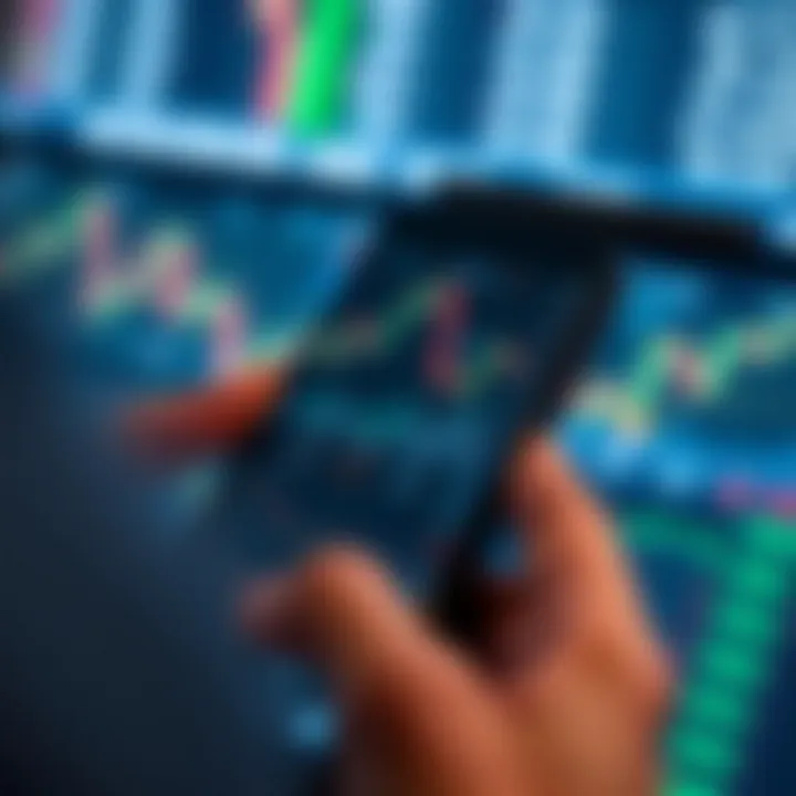 Smartphone displaying a forex trading app interface with charts and currency pairs showing real-time data