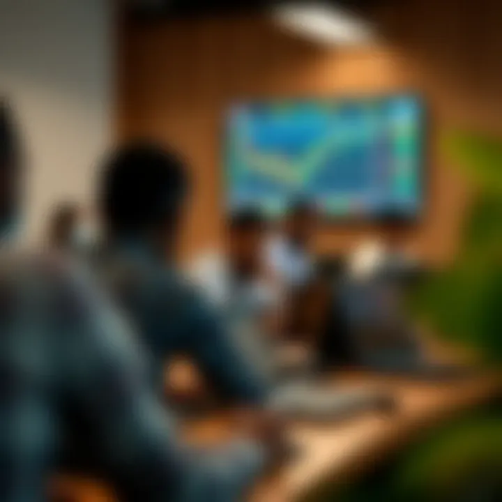 Classroom setting with students engaged in forex trading course using laptops