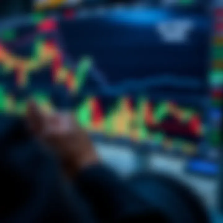 Conceptual representation of forex market charts with graphs and candlesticks illustrating trends and strategies