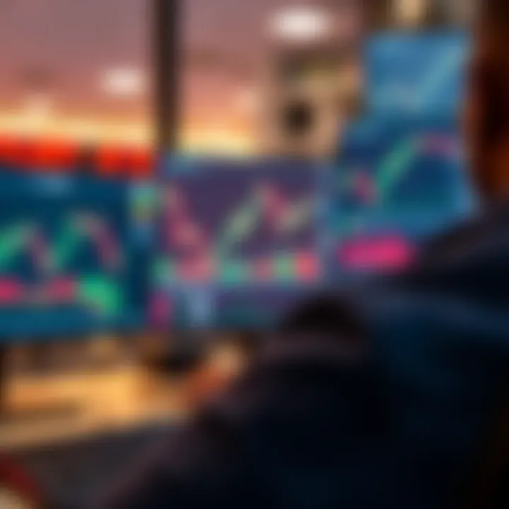 Illustration of a computer screen showing forex trading platform interface with charts and statistics
