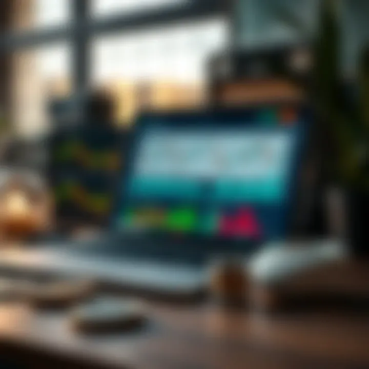Collection of forex trading tools including laptop with charts, currency symbols, and risk management icons