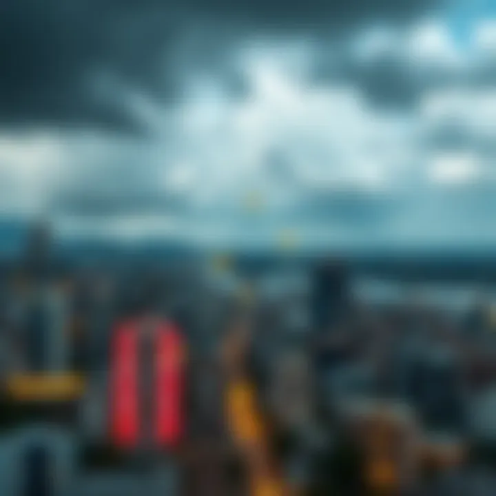 City skyline with weather radar showing storm patterns indicating natural disaster monitoring
