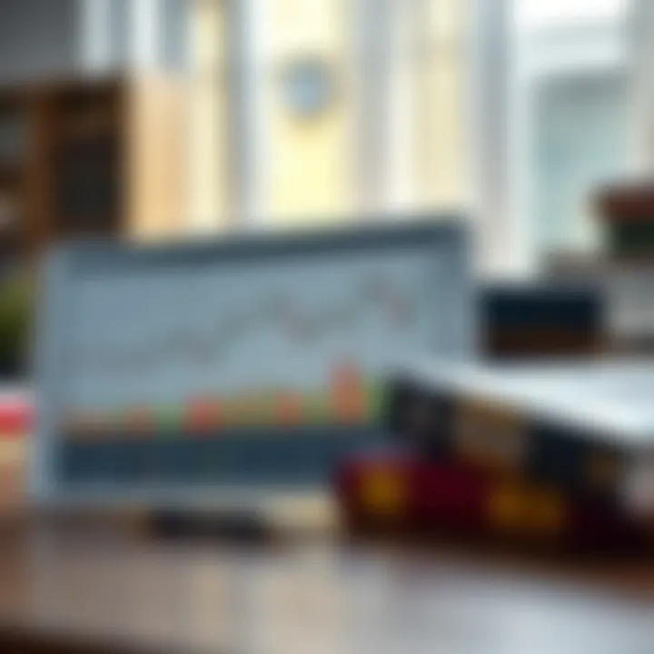 A chart showing currency exchange trends alongside forex trading books