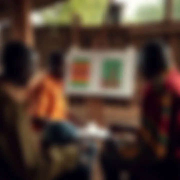 Illustration of a community workshop in Kenya reviewing risk assessment charts and discussing mitigation strategies