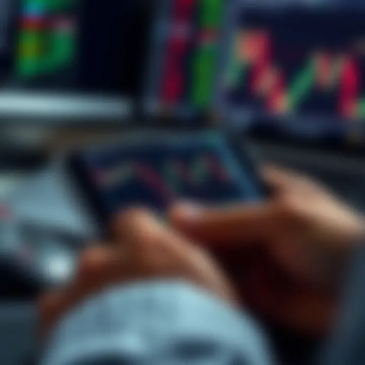 Mobile device displaying forex trading charts and currency pairs for analysis