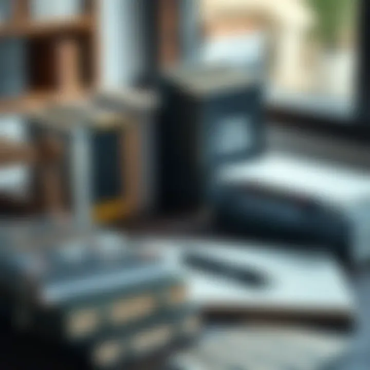 A collection of forex trading books on a wooden desk with a notebook and pen