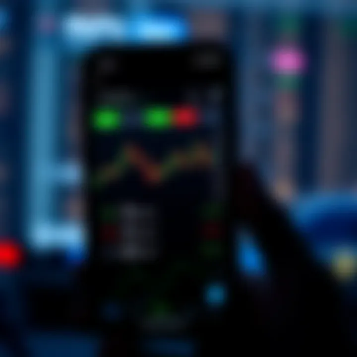 Smartphone displaying a forex trading app interface with currency charts and trading options