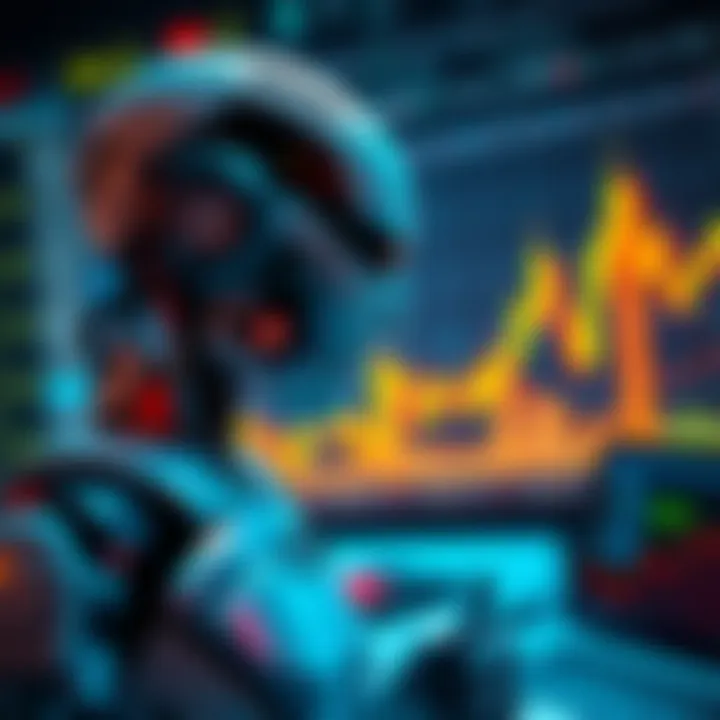 Graphic illustrating automated binary trading with digital charts and robotic elements