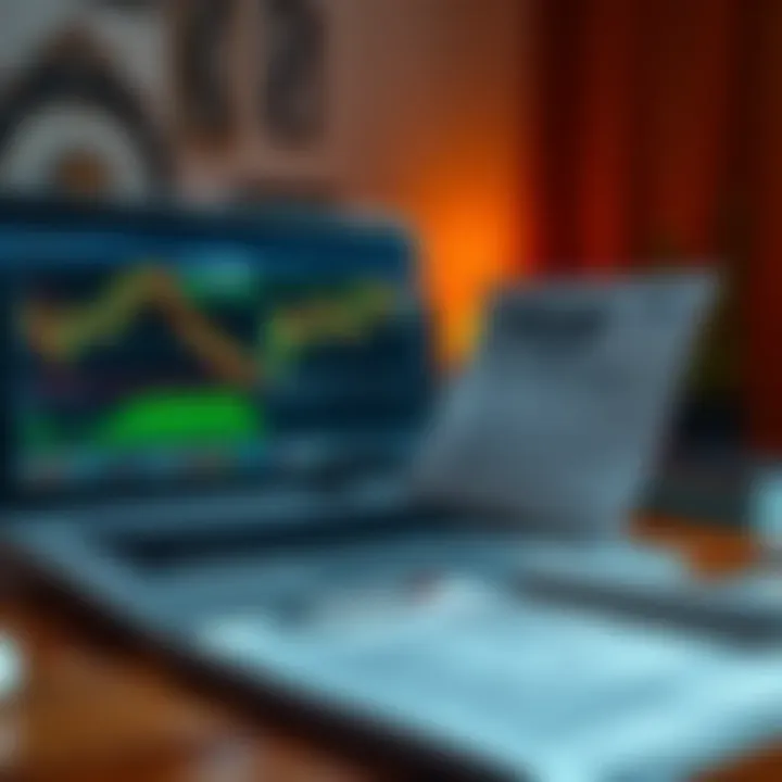 A desktop setup showing a laptop with forex trading graphs and a printed PDF guide with notes