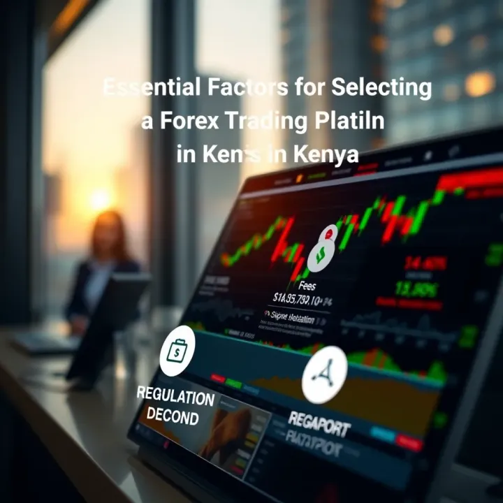 Essential Factors for Selecting a Forex Trading Platform in Kenya Graphic showing key factors of choosing forex platforms including fees, regulation, and support