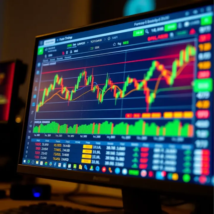 A computer screen displaying a forex trading platform with currency charts and data