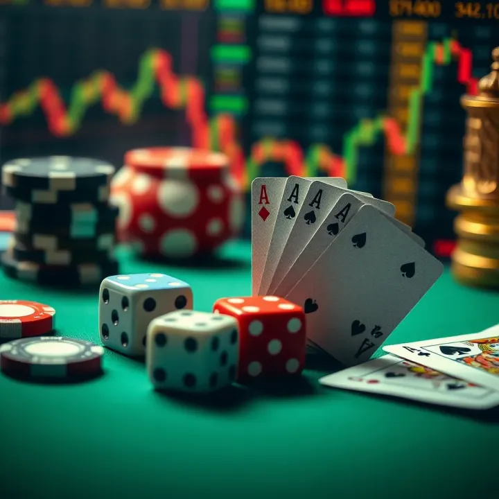 Visual comparison between gambling elements like dice and cards and trading elements such as charts and financial data