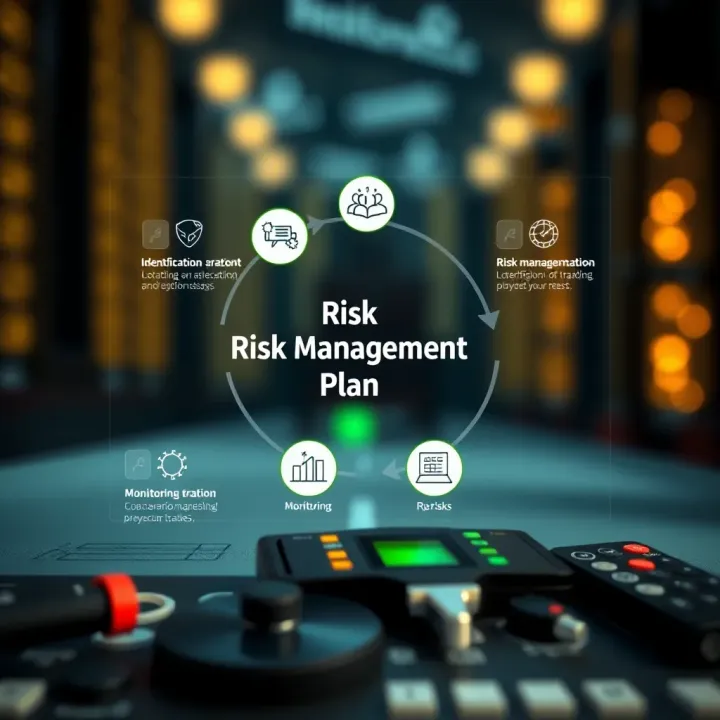 Diagram showing key elements of a risk management plan with icons representing identification, assessment, and monitoring of risks