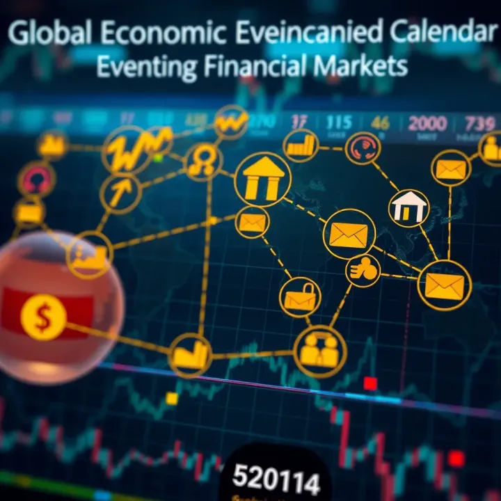 Illustration of global financial markets interconnected with key economic event icons