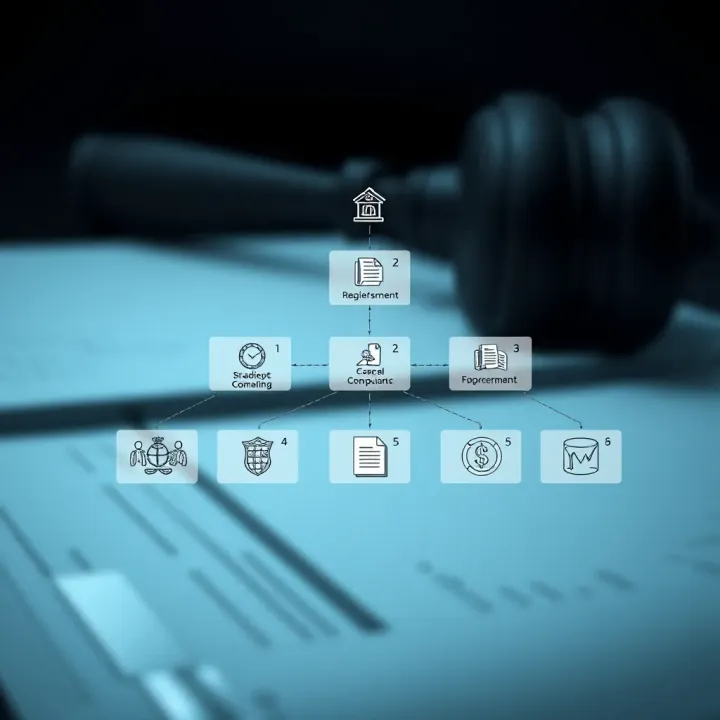 Diagram showing connected legal documents and regulatory symbols forming a framework representing compliance risk management strategies