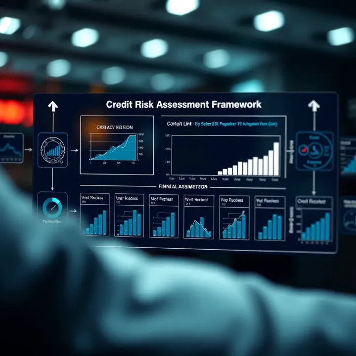 Graphic showing credit risk assessment flow with charts and data points