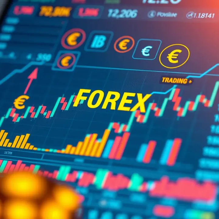 Illustration of forex trading concepts including charts, currency symbols, and risk management