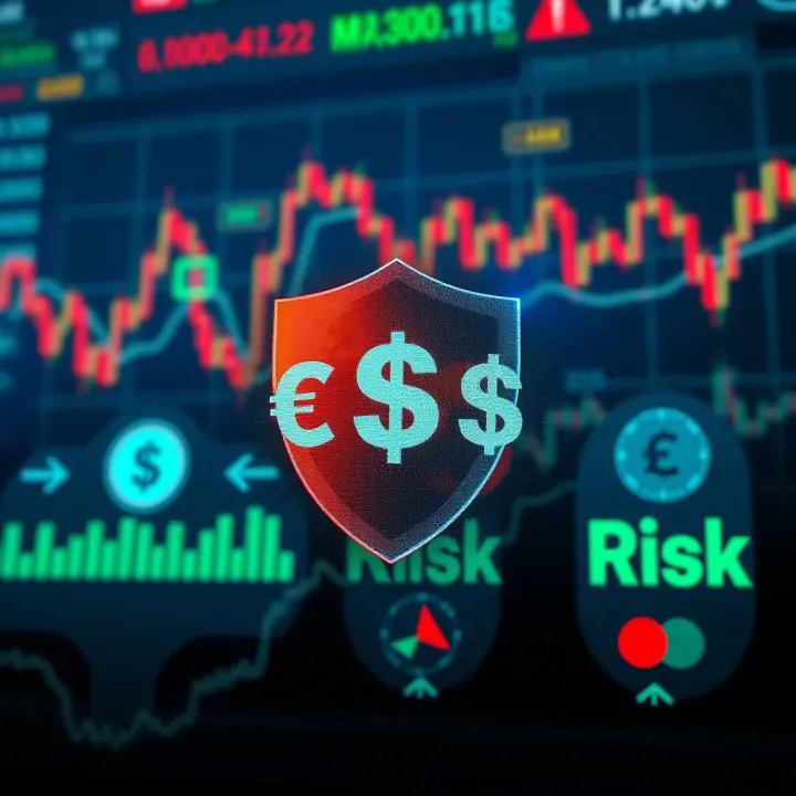 Risk management concepts with currency symbols and protective shield graphics