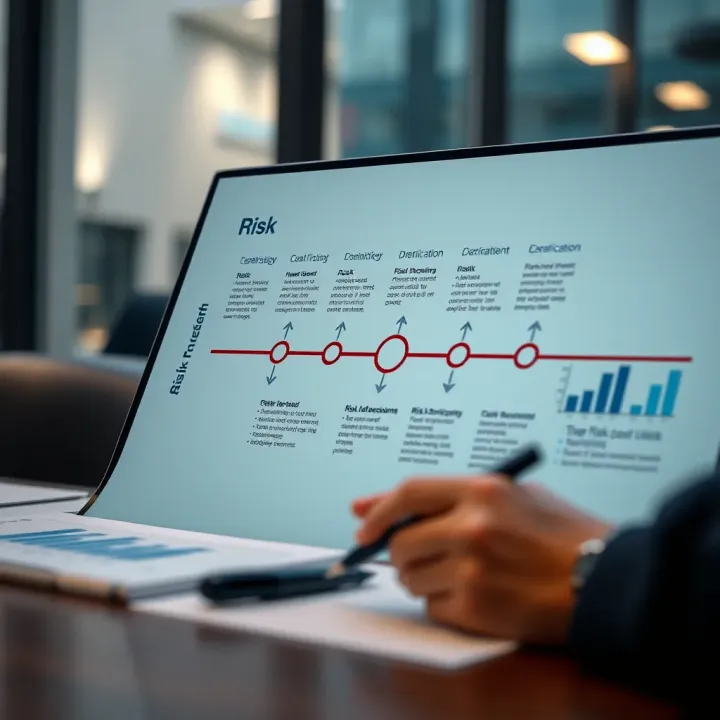 Diagram illustrating risk identification and assessment in a business environment with graphs and charts