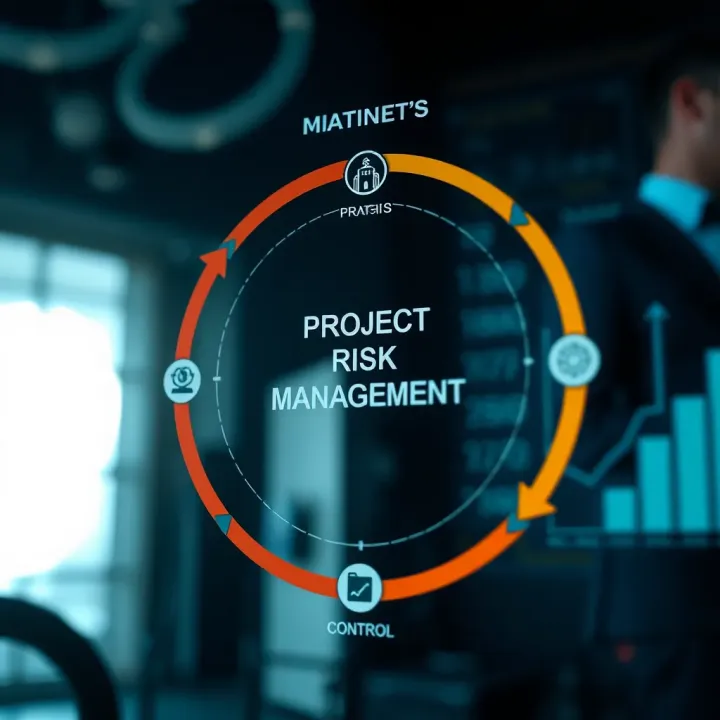 Diagram illustrating stages of project risk management cycle with icons for identification, assessment, and control
