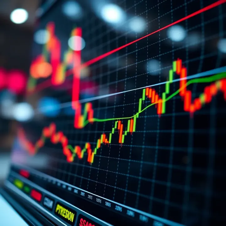 Graph showing upward and downward trends on a financial chart with indicators