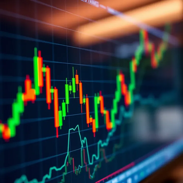 Graph displaying currency exchange trends with green and red candlesticks representing market fluctuations