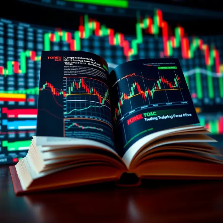 Open book with forex market graphs and currency symbols overlayed on a digital background