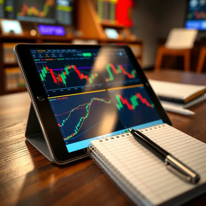Resources for Forex Market Analysis and Trading Strategies Forex trading charts displayed on a tablet alongside a notebook and pen