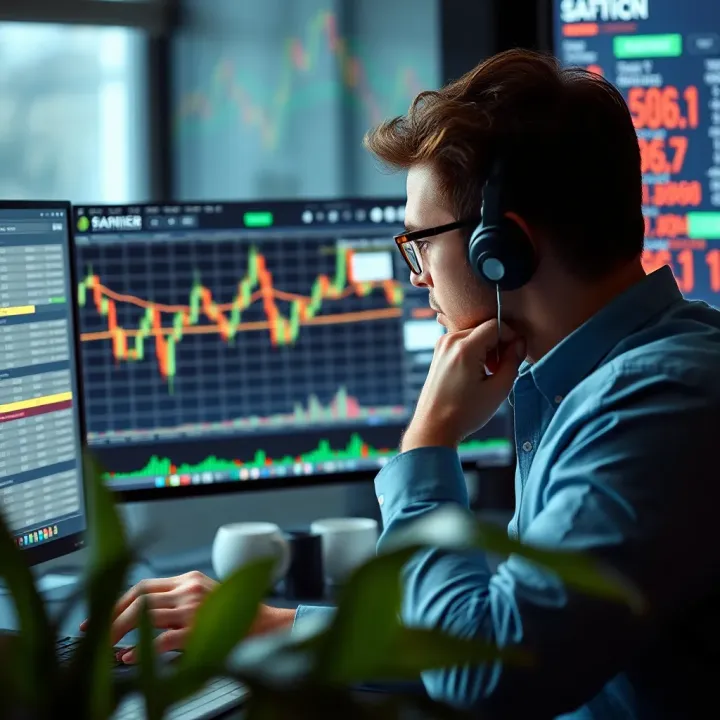 Illustration of a trader analyzing forex signals on a computer screen with charts and market data