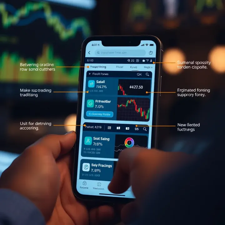 Smartphone displaying various forex trading app features on the screen
