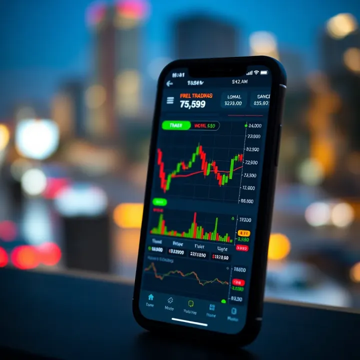 Mobile phone displaying forex trading app interface with charts and data