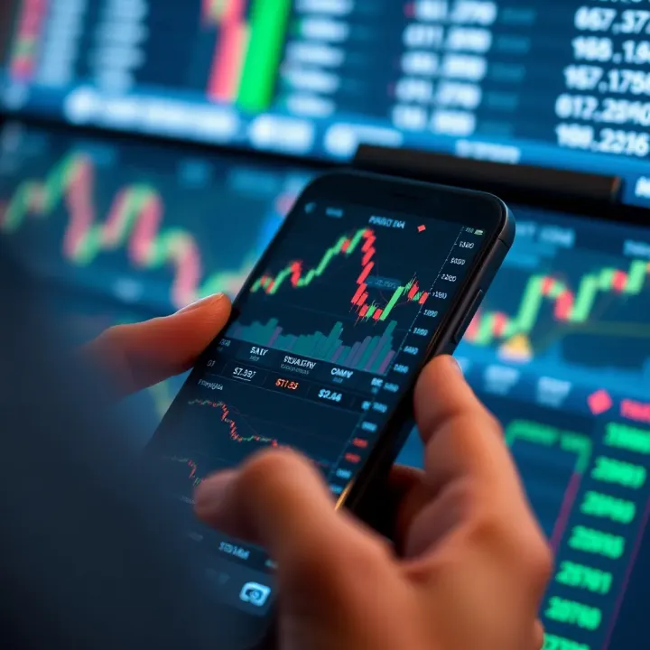 Smartphone displaying a forex trading app interface with charts and currency pairs showing real-time data
