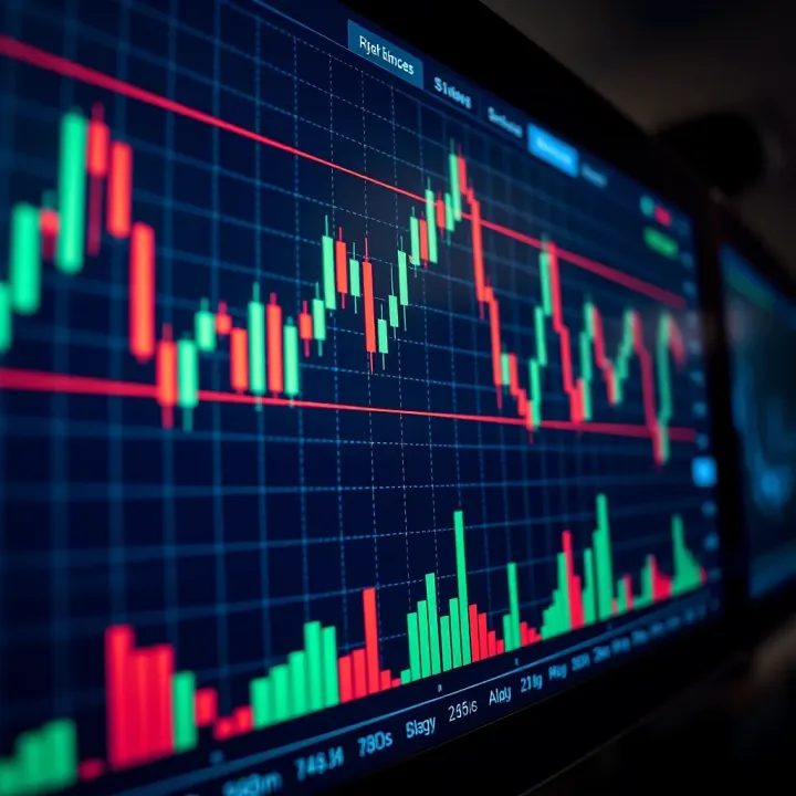 Forex trading chart with candlestick patterns and currency pairs on a digital screen