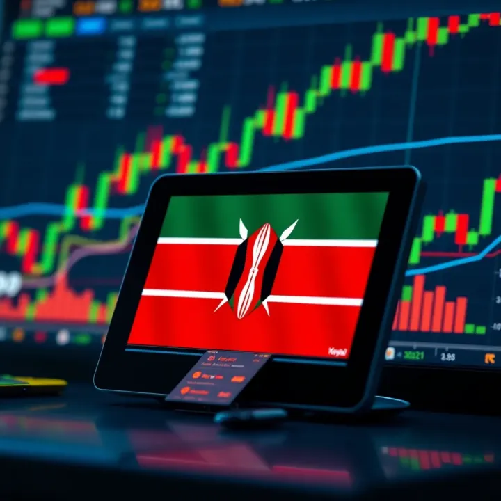Digital device displaying forex trading charts and Kenyan flag overlay