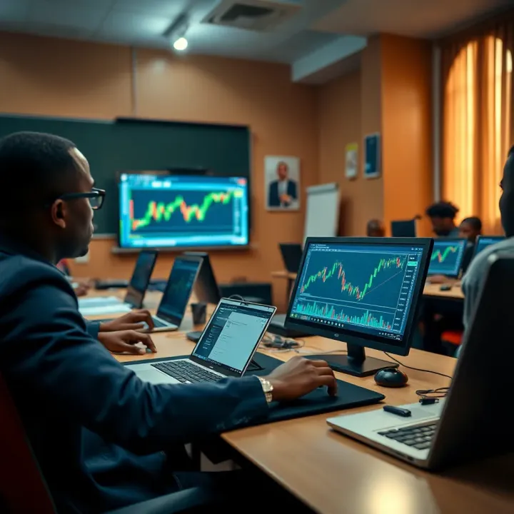 A classroom setting with students engaged in a forex trading lesson using laptops and charts