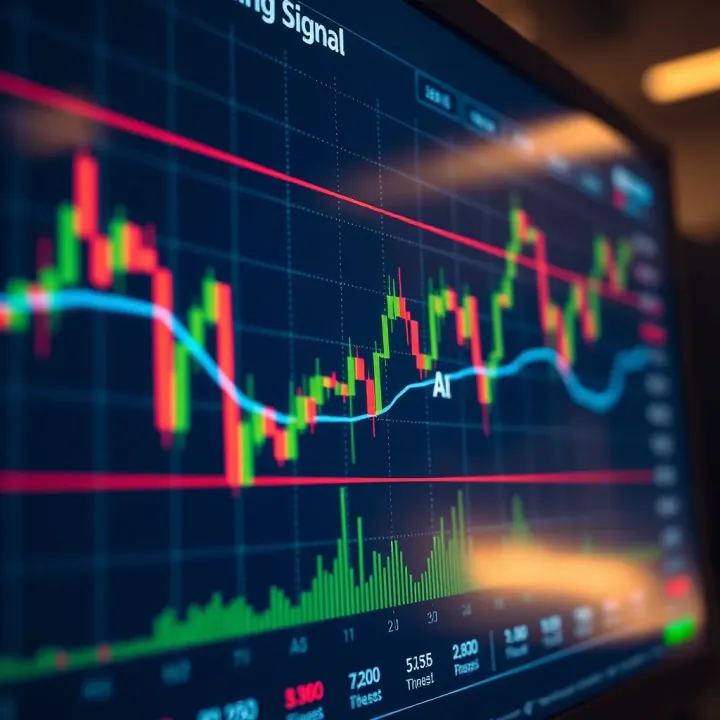 Graph showing currency pairs with trading signal indicators on a digital screen