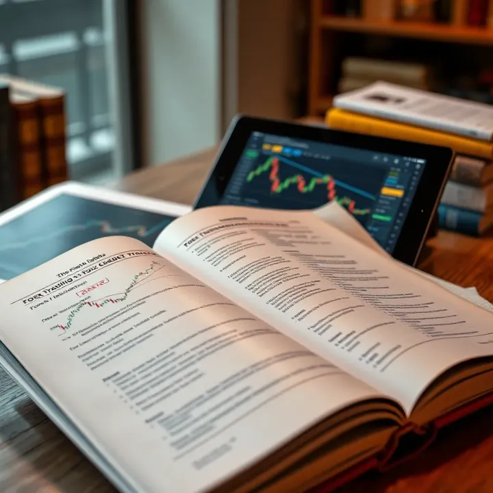 Open forex trading book displaying charts and notes alongside a tablet showing forex market analysis